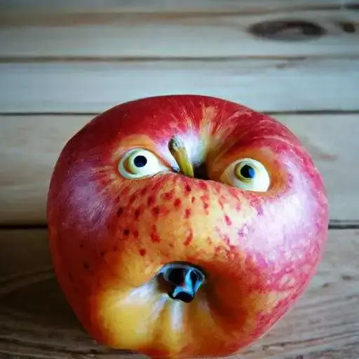 A red apple on a wooden table with a surprised expression. (1).jpg