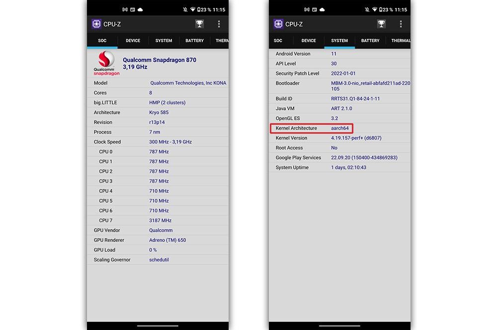 Fig1. y Fig. 2. Análisis del teléfono con CPU-Z y Características del sistema operativo del móvil para saber si es de 32 o 64 bits